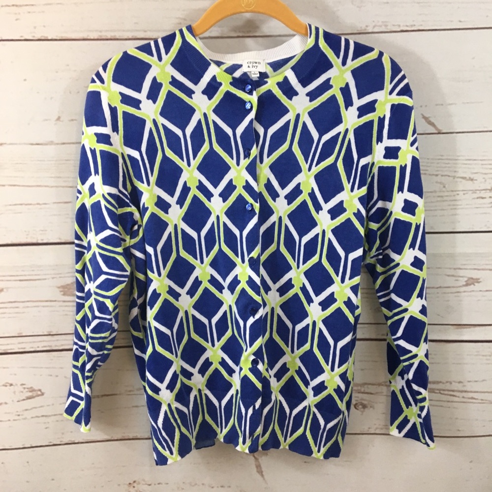 crown & ivy Blue White Lime Geometric Cardigan Sweater
